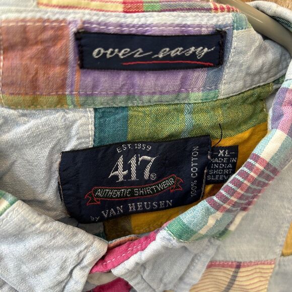 417 Van Heusen Men XL Blue Madras Plaid Patchwork Short Sleeve Shirt Cotton - Picture 3 of 9